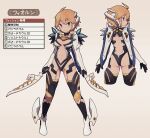  1girl ahoge alternate_costume armor ass blonde_hair blue_eyes breasts closed_mouth cyborg dual_wielding eyebrows_visible_through_hair fiora_(xenoblade) highres holding holding_weapon kanji lamb-oic029 long_sleeves looking_at_viewer mecha-fiora medium_breasts multiple_views navel short_hair smile spoilers stats thighhighs weapon xenoblade_chronicles xenoblade_chronicles_(series) 