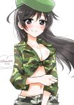  1girl ahoge bangs beret black_eyes black_hair blush breasts camouflage camouflage_pants camouflage_shirt cleavage closed_mouth collared_shirt dated eyebrows_visible_through_hair front-tie_top girls_und_panzer green_headwear green_shirt grey_pants hand_on_own_arm hat heart hinase_(twoxout) isuzu_hana long_hair long_sleeves looking_at_viewer medium_breasts midriff navel pants shirt smile solo standing twitter_username wind 