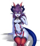  1girl :d bangs bare_arms bare_shoulders black_sclera blue_skin breasts colored_sclera colored_skin commentary demon_(monster_girl_encyclopedia) demon_girl demon_horns eyebrows_visible_through_hair fang hair_between_eyes highres horns long_hair looking_at_viewer medium_breasts monster_girl_encyclopedia nav navel open_mouth pointy_ears ponytail purple_hair red_legwear simple_background sitting skindentation smile solo tail thighhighs white_background yellow_eyes 