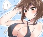  ! 1girl bangs blue_background blush breasts brown_eyes brown_hair cleavage closed_mouth criss-cross_halter dutch_angle eyebrows_visible_through_hair frown girls_und_panzer halterneck hand_in_hair hinase_(twoxout) large_breasts motion_lines nishizumi_maho outline short_hair solo spoken_exclamation_mark sweatdrop twitter_username upper_body white_outline 