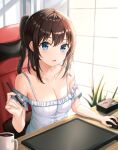  1girl :d absurdres bangs bare_shoulders blue_eyes blurry box breasts brown_hair chair cleavage coffee collarbone commentary_request cup depth_of_field dress_shirt eyebrows_visible_through_hair gaming_chair hair_between_eyes highres holding holding_mouse_(computer) holding_stylus long_hair looking_at_viewer mouse_(computer) mug off-shoulder_shirt off_shoulder open_mouth original plant ponytail shirt sidelocks smile solo spaghetti_strap stylus tablet_pc white_shirt window zeroillya 