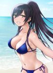  :d bangs bare_arms bare_shoulders beach bikini black_hair blue_bikini blue_sky blush breasts cleavage cloud collarbone ear_piercing groin hair_between_eyes halterneck hashi high_ponytail highres horizon idolmaster idolmaster_shiny_colors long_hair looking_at_viewer medium_breasts navel ocean open_mouth outdoors outstretched_arms piercing ponytail shirase_sakuya side-tie_bikini skindentation sky smile solo spread_arms string_bikini swimsuit water yellow_eyes 