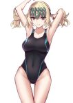  1girl armpits arms_behind_head arms_up bare_shoulders black_swimsuit blonde_hair blue_eyes blush breasts diadem elfenlied22 fate/grand_order fate_(series) highleg highleg_swimsuit large_breasts looking_at_viewer medium_hair one-piece_swimsuit pollux_(fate) solo swimsuit thighs 