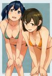  2girls bangs banned_artist bikini black_hair border breasts brown_eyes brown_hair cleavage collarbone commentary_request eyebrows_visible_through_hair feet_out_of_frame green_bikini grey_eyes hair_between_eyes hair_ribbon hands_on_own_knees hiryuu_(kancolle) kantai_collection leaning_forward looking_at_viewer makio_(makiomeigenbot) medium_breasts multiple_girls navel open_mouth orange_bikini ribbon short_hair signature simple_background smile souryuu_(kancolle) standing swimsuit thigh_gap twintails 