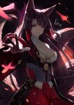  1girl akagi_(azur_lane) animal_ear_fluff animal_ears azur_lane bangs black_background black_kimono blunt_bangs breasts brown_hair cleavage cleavage_cutout closed_mouth clothing_cutout collarbone commentary_request dark_background eyebrows eyebrows_visible_through_hair fox_ears fox_girl fox_tail hair_ornament hair_tubes hakama head_tilt highres hoshizaki_reita japanese_clothes kimono kitsune kyuubi large_breasts long_hair long_sleeves looking_at_viewer multiple_tails open_mouth outstretched_hand red_eyes red_hakama sidelocks signature slit_pupils smile smirk standing tail very_long_hair wide_sleeves 