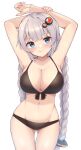  1girl ahoge armpits arms_up ass_visible_through_thighs b.c bangs bikini black_bikini blue_eyes blush braid breasts cleavage closed_mouth collarbone commentary cowboy_shot eyebrows_visible_through_hair front-tie_bikini front-tie_top groin hair_ornament highres kizuna_akari large_breasts long_hair looking_at_viewer navel silver_hair smile solo standing stomach striped swimsuit thigh_gap twin_braids very_long_hair vocaloid voiceroid white_background 