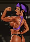  1girl arung_samudra_(cessa) ass biceps black_hair blurry blurry_background breasts cessa cowboy_shot dark-skinned_female dark_skin flexing from_side hairband large_breasts looking_at_viewer muscular muscular_female ombok_diving_and_delivery_services open_mouth pose profile purple_hairband short_hair sideboob solo 
