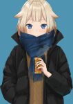  1girl absurdres blue_background blue_eyes blue_scarf brown_sweater can canned_coffee cevio commentary down_jacket hair_flaps hand_in_pocket highres holding holding_can huge_filesize light_blush light_smile m1natsuk1 one_(cevio) plaid plaid_scarf platinum_blonde_hair scarf smile solo steam sweater upper_body 