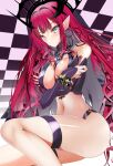  1girl absurdres bangs bare_shoulders black_panties bracelet breast_hold breasts bridal_gauntlets checkered checkered_background crossed_arms detached_sleeves earrings fate/grand_order fate_(series) grey_eyes highres jewelry large_breasts long_hair looking_at_viewer navel panties pink_hair pointy_ears revealing_clothes sidelocks solo thigh_strap thighs tiara tristan_(fairy_knight)_(fate) underwear veil yahoo0124 