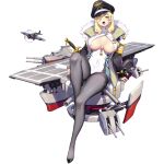 1girl aircraft armband artist_request bangs black_headwear black_surge_night blonde_hair blue_eyes breasts facial_mark flight_deck food food_in_mouth fur_trim grey_legwear hair_over_one_eye hat heart holding huge_breasts jacket long_hair long_sleeves official_art open_mouth pantyhose popsicle rigging sitting solo star_(symbol) sword transparent_background weapon yorktown_(black_surge_night) 