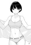  1girl absurdres bangs bare_arms bare_shoulders blush bra breasts cleavage clothes_writing collarbone commentary_request cowboy_shot greyscale highres looking_at_viewer medium_breasts monochrome navel original panties parted_lips short_hair simple_background solo takenoko_no_you thigh_gap underwear underwear_only white_background 