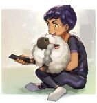  1boy :d artist_name black_pants controller crossed_legs dark-skinned_male dark_skin full_body gen_8_pokemon holding holding_pokemon hop_(pokemon) open_mouth pants pokemon pokemon:_twilight_wings pokemon_(creature) pokemon_(game) pokemon_swsh poroi_(poro586) remote_control sheep short_hair simple_background smile socks white_footwear wooloo yellow_eyes 