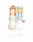  2girls apron aqua_flower aqua_rose arms_at_sides bangs barefoot blonde_hair blue_dress blue_flower blunt_bangs blush_stickers bob_cut brown_hair buttons clenched_hand collarbone colorful dot_nose dress eyebrows_visible_through_hair facing_viewer flat_chest flower frilled_apron frilled_sleeves frills full_body glasses green_eyes happy head_wreath highres holding_hands interlocked_fingers kawamoto_hinata leaf leggings long_sleeves looking_at_viewer multiple_girls orange_flower orange_rose pastel_colors pink_dress pink_flower pink_rose plaid plaid_apron plaid_dress polka_dot polka_dot_background puffy_short_sleeves puffy_sleeves red-framed_eyewear rose sakura_chiho sangatsu_no_lion short_sleeves side-by-side simple_background skirt smile standing suspender_skirt suspenders toenails twintails umino_chika white_background white_flower white_rose wrist_flower yellow_flower yellow_rose 
