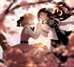  2girls bad_id bangs belt black_hair blonde_hair blouse blue_eyes bow bowtie branch cherry_blossoms dress earrings elbow_gloves flower gloves hair_flower hair_ornament hair_ribbon highres holding_hands jewelry katarina_claes looking_at_another lying maria_campbell multiple_girls nanako_(user_zcmj5835) open_mouth otome_game_no_hametsu_flag_shika_nai_akuyaku_reijou_ni_tensei_shite_shimatta petals ribbon short_hair sleeveless sleeveless_dress smile tears tree watermark white_gloves yuri 