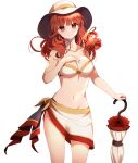  1girl absurdres arcelle bikini breasts celica_(fire_emblem) cleavage closed_umbrella collarbone earrings fire_emblem fire_emblem_echoes:_shadows_of_valentia groin hand_on_own_chest highres holding holding_umbrella jewelry long_hair medium_breasts navel parasol red_eyes red_hair sarong smile solo swimsuit transparent_background umbrella white_bikini white_swimsuit 
