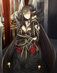  1girl absurdly_long_hair black_dress black_gloves black_hair breasts collarbone commentary_request dress elbow_gloves fate/apocrypha fate/grand_order fate_(series) fur-trimmed_dress fur_trim gloves highres large_breasts long_hair looking_at_viewer one_eye_closed pointy_ears semiramis_(fate) solo suiete very_long_hair yellow_eyes 