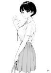  1girl absurdres bangs breasts closed_mouth commentary_request greyscale hand_up highres holding looking_at_viewer looking_to_the_side medium_breasts monochrome necktie original pleated_skirt school_uniform short_hair short_sleeves signature simple_background skirt smile solo standing takenoko_no_you white_background 