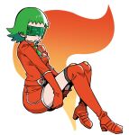  1girl bangs belt_buckle boots breasts bryony_(pokemon) buckle commentary full_body gloves green_hair green_lips green_neckwear highres knees lipstick logo makeup medium_hair necktie orange_belt orange_footwear orange_gloves orange_shorts pokemon pokemon_(game) pokemon_xy shorts sitting solo team_flare thigh_boots thighhighs turtleneck visor woogleboy 