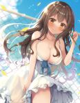  1girl adjusting_hair bangs bare_shoulders blue_sky blurry blush bow bowtie breasts brown_eyes brown_hair chain cleavage cloud cloudy_sky collarbone commentary_request depth_of_field dress eyebrows_visible_through_hair hair_between_eyes highres large_breasts leaning_forward long_hair looking_at_viewer mori_airi original petals sidelocks silhouette sky smile solo spaghetti_strap sunlight water_drop white_dress wind 