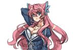  1girl bangs blue_eyes blue_flower blue_shirt breasts cleavage eyebrows_visible_through_hair flower hair_behind_ear hair_ears hair_flower hair_ornament highres juliet_sleeves long_sleeves maria_cadenzavna_eve open_mouth pink_hair puffy_sleeves senki_zesshou_symphogear shirt sketch solo syunzou upper_body v-shaped_eyebrows white_background 
