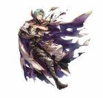  1boy armor asymmetrical_clothes bangs book boots byleth_(fire_emblem) byleth_(fire_emblem)_(male) cape collar collared_shirt dagger damaged dynamic_pose fire_emblem fire_emblem:_three_houses fire_emblem_heroes full_body gloves green_eyes green_hair hagiya_kaoru hair_ornament holding holding_book knife long_sleeves nintendo official_art sheath sheathed shirt short_hair solo torn_clothes torn_legwear weapon 