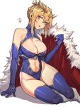  1girl absurdres artoria_pendragon_(all) artoria_pendragon_(lancer)_(fate) bare_shoulders blonde_hair blue_gloves blue_legwear blue_leotard braid breasts cape cleavage cleavage_cutout clothing_cutout crown elbow_gloves fate/grand_order fate_(series) french_braid fur_collar gloves green_eyes hair_between_eyes highleg highleg_leotard highres jinlin large_breasts leotard long_hair looking_at_viewer navel navel_cutout red_cape sidelocks smile solo sparkle thighhighs 