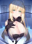  1girl ahoge artoria_pendragon_(all) artoria_pendragon_(caster)_(fate) blonde_hair breasts cleavage fate/grand_order fate_(series) forehead_jewel green_eyes hand_on_own_chest highres large_breasts looking_at_viewer smile solo translation_request watosu 