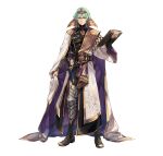  1boy absurdres alternate_hair_color armor asymmetrical_clothes bangs book boots byleth_(fire_emblem) byleth_(fire_emblem)_(male) cape collar collared_shirt dagger enlightened_byleth_(male) fire_emblem fire_emblem:_three_houses fire_emblem_heroes full_body gloves green_eyes green_hair hagiya_kaoru hair_ornament highres holding holding_book knife long_sleeves nintendo official_art sheath sheathed shirt short_hair solo weapon 