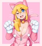  1girl :d animal_costume animal_ears artist_name bell blonde_hair blue_eyes blush breasts cat_costume cat_ears cat_tail collar eyebrows_visible_through_hair gloves highres jewelry large_breasts long_hair looking_at_viewer mario_(series) neck_bell one_eye_closed open_mouth princess_peach rob_ishi smile solo tail white_gloves 