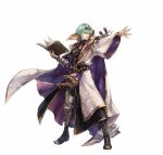  1boy armor asymmetrical_clothes bangs book boots byleth_(fire_emblem) byleth_(fire_emblem)_(male) cape collar collared_shirt dagger dynamic_pose fire_emblem fire_emblem:_three_houses fire_emblem_heroes full_body gloves green_eyes green_hair hagiya_kaoru hair_ornament holding holding_book knife long_sleeves nintendo official_art sheath sheathed shirt short_hair solo weapon 