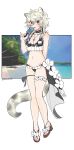  ahoge animal_ears arknights beach bikini black_bikini black_collar breasts brown_footwear checkered_bikini_top cleavage cliffheart_(arknights) collar commentary flower food full_body grey_eyes hand_up highres holding holding_food jewelry leopard_ears leopard_girl leopard_tail long_hair looking_at_viewer mayuuda medium_breasts midriff navel necklace open_mouth palm_tree popsicle sandals standing swimsuit tail thigh_strap tree twitter_username white_flower white_hair 
