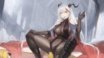 1girl aegir_(azur_lane) ahoge azur_lane bangs bare_shoulders bodystocking boots breast_curtains breasts cape cleavage commentary_request corset covered_navel covered_nipples crossed_legs curvy detached_sleeves dress elbow_gloves gloves halterneck hand_on_own_face hand_up highres horns jewelry large_breasts leaning_back long_hair looking_at_viewer manjuu_(azur_lane) multicolored_hair navel nero_(nilu) pelvic_curtain red_cape red_hair sitting skindentation sleeves smile solo streaked_hair very_long_hair white_hair yellow_eyes 