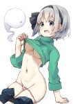  1girl :3 arm_support bangs black_hairband black_ribbon black_shorts bob_cut breasts clothes_lift clothes_pull commentary contemporary denim denim_shorts eyebrows_visible_through_hair green_eyes green_shirt grey_hair groin hair_ribbon hairband highres konpaku_youmu konpaku_youmu_(ghost) lifted_by_self long_sleeves looking_at_viewer medium_hair navel no_bra open_fly open_mouth panties panty_pull pegashi pink_panties ribbon shirt shirt_lift short_hair short_shorts shorts shorts_pull simple_background sitting smile solo touhou turtleneck underboob underwear white_background 