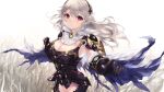 1girl armor black_armor blush breasts cait_aron cleavage corrin_(fire_emblem) fire_emblem fire_emblem_fates headband highres large_breasts long_hair looking_at_viewer open_mouth pointy_ears red_eyes silver_hair solo wheat wheat_field white_background 
