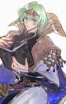  1boy alternate_costume alternate_hair_color asymmetrical_clothes bangs black_shirt book byleth_(fire_emblem) byleth_(fire_emblem)_(male) cape closed_mouth collar collared_shirt commentary_request enlightened_byleth_(male) eyebrows_visible_through_hair fingernails fire_emblem fire_emblem:_three_houses fire_emblem_heroes green_eyes green_hair hair_between_eyes hair_ornament highres holding holding_book jewelry long_sleeves looking_at_viewer male_focus mizuno_(iori-amu) official_alternate_costume shiny shiny_hair shirt short_hair simple_background solo white_background wide_sleeves 