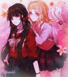  2girls akamatsu_kaede artist_name backpack bag bananniehh bangs black_hair black_skirt blonde_hair blunt_bangs blush brown_hair cowboy_shot danganronpa_(series) danganronpa_v3:_killing_harmony eyebrows_visible_through_hair flower hair_ornament hair_scrunchie hairclip harukawa_maki highres long_hair long_sleeves looking_at_viewer low_twintails mole mole_under_eye monofunny multiple_girls musical_note_hair_ornament pink_background pink_bag pink_eyes pink_shirt pleated_skirt print_skirt purple_skirt red_eyes red_scrunchie sailor_collar school_uniform scrunchie serafuku shiny shiny_hair shirt skirt smile symbol_commentary twintails very_long_hair vest 