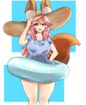  1girl animal_ear_fluff animal_ears artist_request breasts cleavage collarbone ears_through_headwear eyebrows_visible_through_hair fang fate/grand_order fate_(series) fox_ears fox_girl fox_tail hat highres innertube large_breasts looking_at_viewer open_mouth pink_hair skin_fang solo straw_hat tail tamamo_(fate)_(all) tamamo_no_mae_(swimsuit_lancer)_(fate) yellow_eyes 