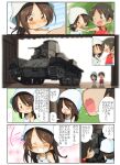  ... 1boy 1girl bangs blue_headwear blue_shorts blush brown_eyes brown_hair chibi closed_eyes closed_mouth commentary_request day dilapidated dress eyebrows_visible_through_hair frown girls_und_panzer grin ground_vehicle hands_on_hips highres holding_hands jinguu_(4839ms) looking_at_another looking_back medium_hair mika_(girls_und_panzer) military military_vehicle motor_vehicle open_mouth outdoors pointing red_shirt shirt short_hair shorts smile spoken_ellipsis standing sundress sweatdrop tan tank tank_top translation_request tulip_hat vehicle_request white_dress younger 
