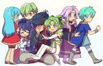  3girls 4boys :d aqua_hair bangs blue_hair blush boots bracelet braid circlet eirika_(fire_emblem) elbow_gloves ephraim_(fire_emblem) fire_emblem fire_emblem:_the_sacred_stones fire_emblem_heroes gloves green_eyes green_hair hair_between_eyes hand_on_own_face hat innes_(fire_emblem) jewelry joshua_(fire_emblem) kurimori l&#039;arachel_(fire_emblem) long_hair lyon_(fire_emblem) multiple_boys multiple_girls open_mouth pointing pulled_by_another pulling purple_eyes purple_hair red_eyes red_hair short_hair sitting sitting_on_lap sitting_on_person smile tana_(fire_emblem) thigh_boots thighhighs twin_braids younger 
