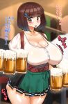  1girl :d alcohol bangs beer beer_mug blue_panties blush breasts brown_eyes brown_hair cameltoe cleavage cup eyebrows_visible_through_hair freckles hair_ornament hairclip highres large_breasts looking_at_viewer mole mole_under_eye mug open_mouth original panties pleated_skirt shinshin_(momomeitiko) short_hair skirt smile solo thick_eyebrows translation_request underboob underwear 