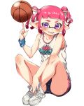  1girl ball bangs basketball basketball_jersey black_shorts blunt_bangs clothes_writing commentary dolphin_shorts domino_mask fangs full_body high_tops highres holding holding_ball inkling inkling_(language) lace-trimmed_panties lace_trim looking_at_viewer mask motion_blur open_mouth panties panty_peek penguin_maru_(penginmaru) pink_hair pointy_ears print_shirt purple_eyes shirt short_hair short_shorts short_twintails shorts simple_background sitting smile solo splatoon_(series) tentacle_hair twintails underwear white_background white_footwear white_shirt wristband 