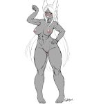  1girl abs absurdres animal_ears arm_up barefoot biceps blush boku_no_hero_academia breasts bunny_ears cleft_of_venus completely_nude dark-skinned_female dark_skin eyebrows_visible_through_hair fang fishywishy flexing full_body greyscale grin half-closed_eyes hand_on_hip highres large_breasts long_eyelashes long_hair looking_at_viewer mirko monochrome naughty_face navel nipples nose_blush nude pose pussy rabbit_girl simple_background sketch smile solo spot_color stomach toes toned very_long_hair 
