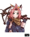  1girl 3: alternate_costume animal_ears bangs bangs_pinned_back black_gloves bow_(weapon) bowgun brown_scarf bulletproof_vest cat_ears commentary_request compound_bow diona_(genshin_impact) fingerless_gloves genshin_impact gloves green_eyes highres introvert-kun looking_at_viewer over_shoulder pink_hair pink_jumpsuit pocket scarf short_hair sidelocks simple_background solo sweat thick_eyebrows weapon weapon_over_shoulder white_background 