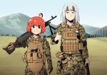  ahoge bandana camouflage gloves gun highres holding holding_weapon light_machine_gun load_bearing_vest long_hair m249 machine_gun military military_operator military_uniform mountain mrxinom multiple_girls original red_hair short_hair silver_hair sunglasses uniform weapon 