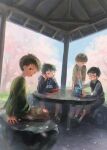  4boys black_hair black_hoodie blue_sky brown_eyes brown_hair cherry_blossoms drawstring flower glasses green_shirt hand_up handheld_game_console highres hood hoodie long_sleeves looking_at_viewer multiple_boys nintendo_ds open_mouth original pink_flower reflection sasakure_(mogunonbi) shirt short_hair sitting sky smile spring_(season) table wide_shot 