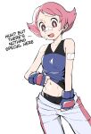  1girl bandaid bandaid_on_arm bandaid_on_nose bare_arms breasts bright_pupils clothes_lift clothes_pull collarbone commentary english_text eyelashes fingerless_gloves gloves grey_pants gym_leader highres lifted_by_self looking_down maylene_(pokemon) navel open_mouth pants pants_pull pink_hair pokemon pokemon_(game) pokemon_dppt pulled_by_self raised_eyebrow red_eyes shirt shirt_lift short_hair skin_tight solo sweat tight tight_shirt tongue white_pupils woogleboy 