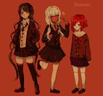  3girls absurdres arms_at_sides artist_name bananniehh bangs black_jacket black_legwear blunt_bangs blush brown_footwear brown_jacket brown_skirt brown_vest chabashira_tenko commentary_request danganronpa_(series) danganronpa_v3:_killing_harmony eyebrows_visible_through_hair foot_up grey_hair grin hair_ornament highres jacket long_hair long_sleeves looking_at_viewer low_twintails mole mole_under_mouth multiple_girls notice_lines parted_lips plaid plaid_skirt pleated_skirt red_background red_hair sailor_collar shirt short_hair skindentation skirt smile standing teeth thighhighs twintails vest white_legwear white_shirt yonaga_angie yumeno_himiko zettai_ryouiki 