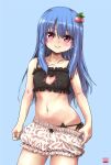  1girl bangs bare_arms bare_shoulders black_bra black_panties bloomers bloomers_pull blue_background blue_hair blue_nails blush bra breasts cat_cutout cat_ear_panties cat_lingerie cleavage_cutout closed_mouth clothing_cutout collarbone commentary_request eyebrows_visible_through_hair frilled_bra frills hair_between_eyes hinanawi_tenshi looking_at_viewer meme_attire nail_polish navel nibi panties pulled_by_self red_eyes side-tie_panties simple_background small_breasts smile solo touhou underwear underwear_only white_bloomers 