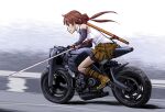  1girl bike_shorts bike_shorts_under_skirt black_gloves blurry blurry_background boots brown_hair clenched_teeth commission copyright_request driving fingerless_gloves freckles from_side full_body gloves ground_vehicle highres holding holding_sword holding_weapon ishii_hisao katana miniskirt motion_blur motor_vehicle motorcycle pleated_skirt scabbard sheath shirt skeb_commission skirt solo sword teeth twintails weapon white_shirt yellow_footwear yellow_skirt 