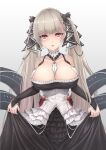  1girl azur_lane bangs bare_shoulders blunt_bangs breasts choker cleavage clothes_lift collarbone commentary_request detached_sleeves eyebrows_visible_through_hair eyes_visible_through_hair flight_deck formidable_(azur_lane) hair_ribbon highres huge_breasts lifted_by_self long_hair looking_at_viewer maid parted_lips red_eyes ribbon sidelocks silver_hair simple_background skirt skirt_lift solo yuki7128 